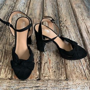 Black suede platform block heel pumps with straps